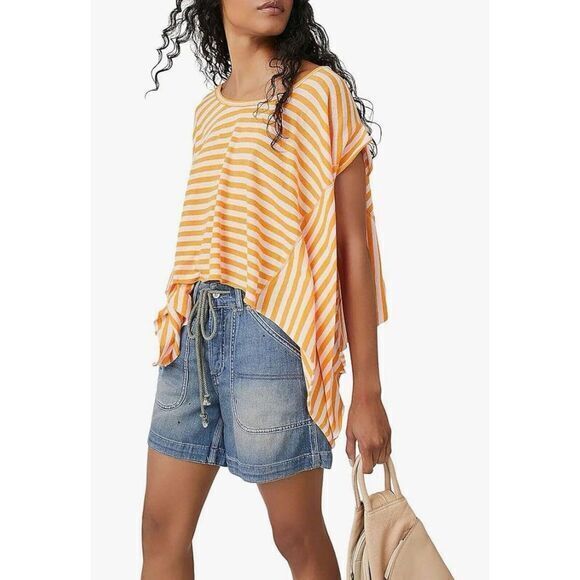 NWT Free People Women's Large Striped Cotton Oversized Orange/pink‎ Combo Top - Picture 1 of 8